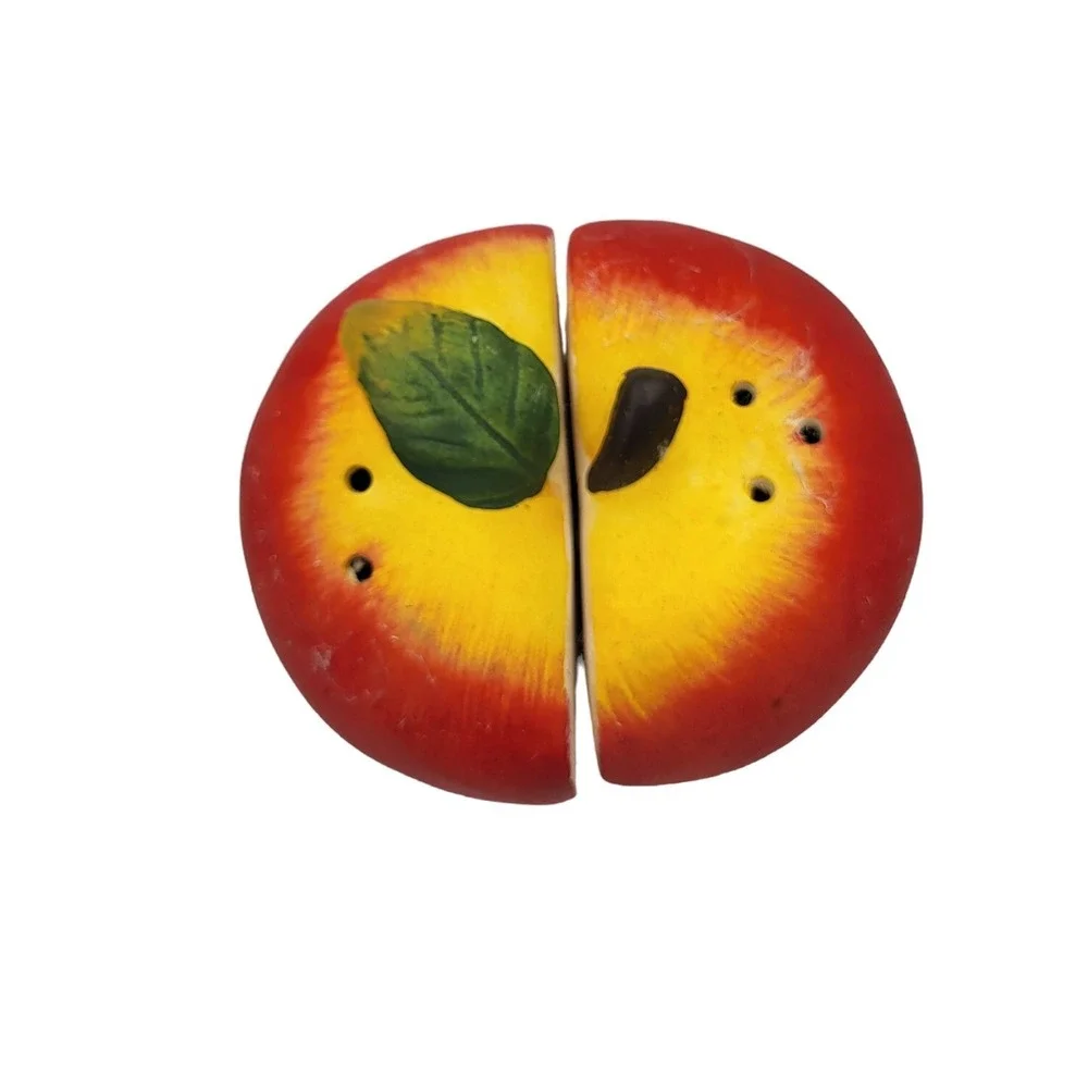 Vtg Porcelain Salt‎ & Pepper Shakers Split Red Apple Retro Handpainted Kitschy